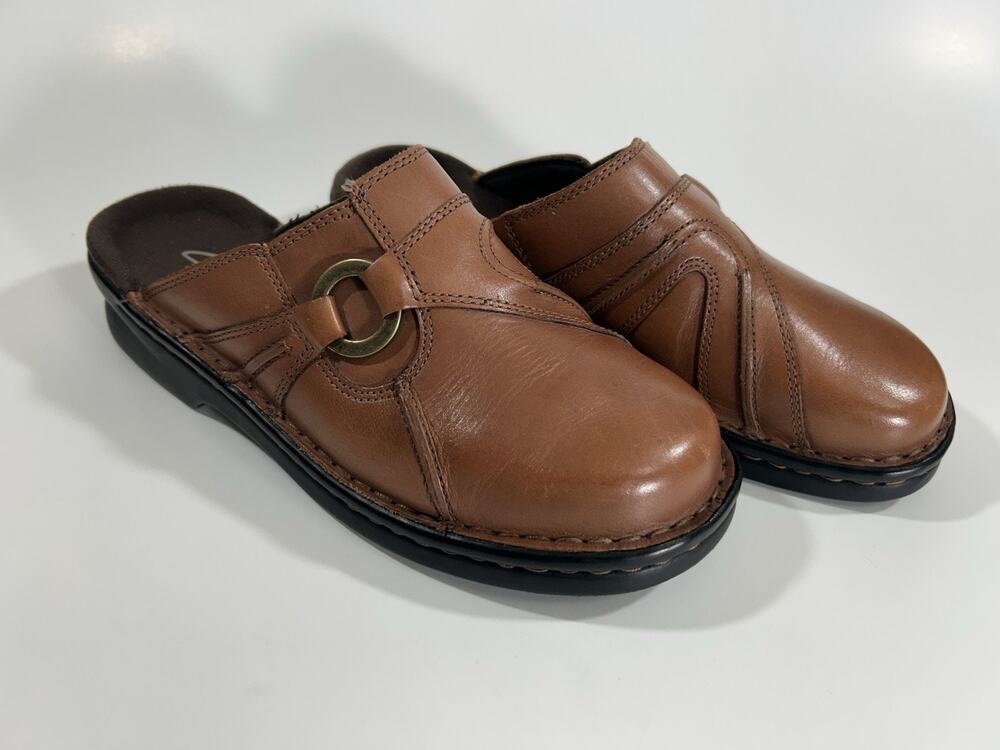 Clark's Sadie Dark Tan Cognac Leather Slip On Jimi Mule Shoes 80803 Sz 6M